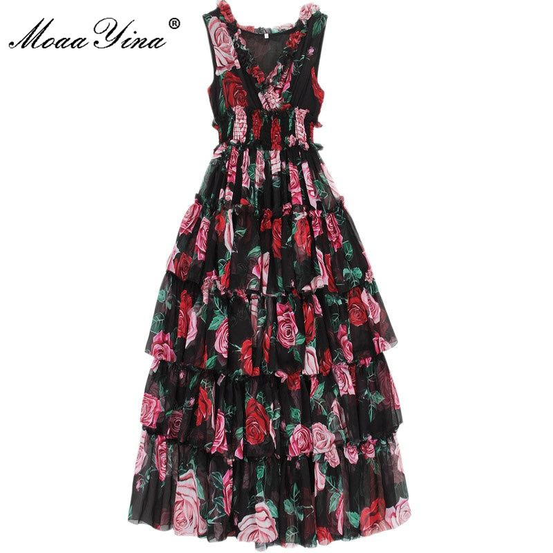 

Fashion Designer Runway Dress Summer Women's Sleeveless V-neck Rose Floral-Print Ruffles Elastic waist Vacation Dresses 210524, Black