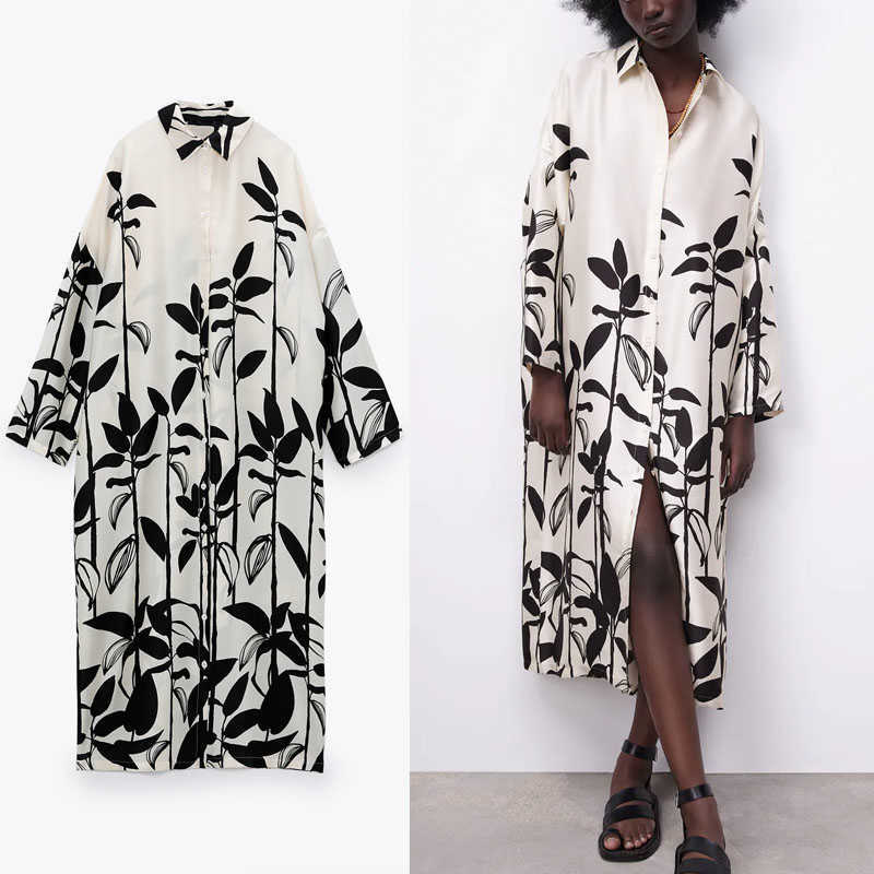 

Za Retro Print Oversized Long Dress Women Long Sleeve Large Size Roomy Elegant Summer Dress Woman Button Up Casual Dress 210602, White
