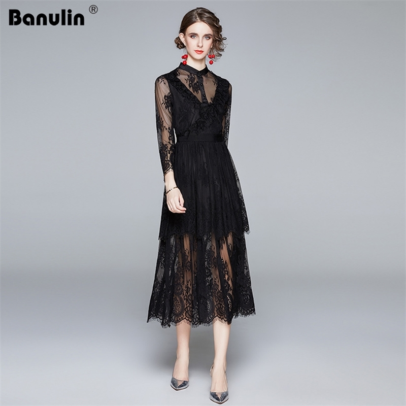 

Banulin Women Lace Dress Autumn Runway Long Sleeve Hollow Out Embroidery Robe Sexy Femme Party Dresses Evening 210603, Black