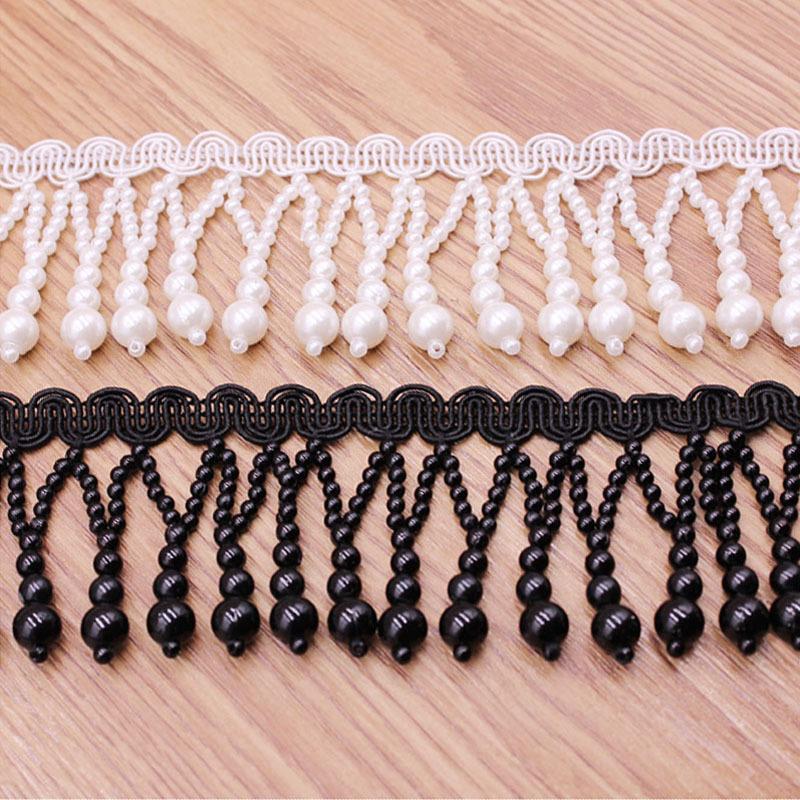 

Ribbon 1Yards Black White Silk Tassel Fringe Trim Pearl Tassle Beaded Lace Fabric Sewing Curtain Pendant Tassels