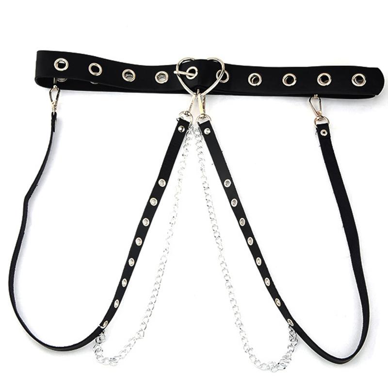

Belts Punk Gothic Leather Women With Chain Harajuku Heart Buckle Grommet Harness Waist Strap Dress Jeans Bondage Waistband, Black