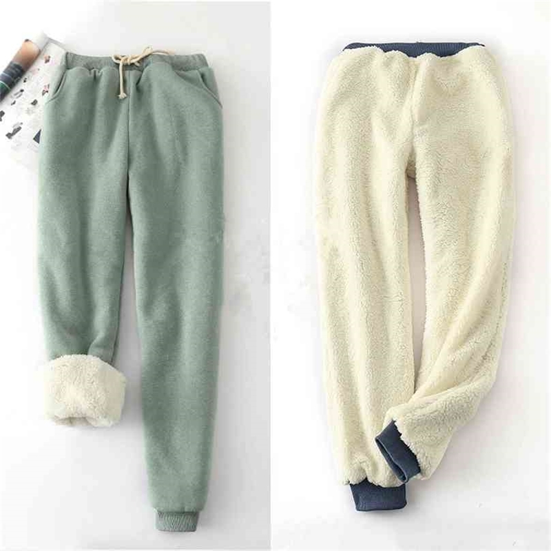 

Winter Lambskin Thicker Elastic Waist Pants Loose Large Size Solid Color Cotton Harem Women Casual Warm Trousers 210607, Aqua