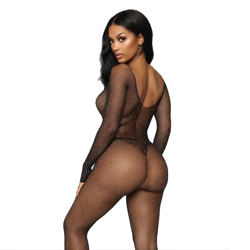 

Rhinestone One-piece Explosion Style Uniform Temptation Sexy Open File Long Sleeve Lingerie, Black