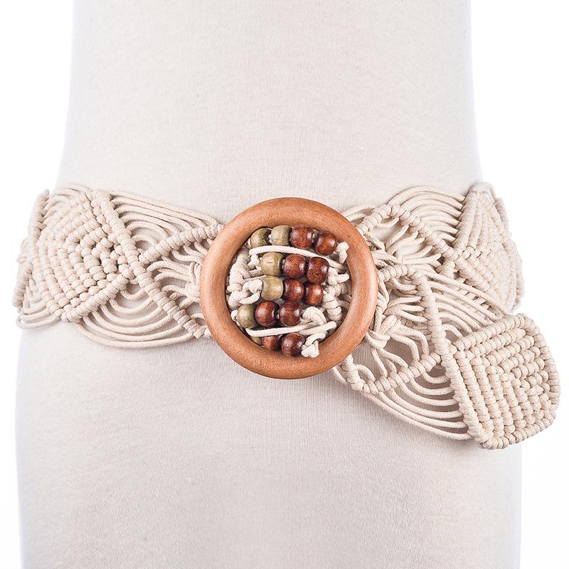 

New product Belts Manual Wax Rope Woven Wooden Buckle Bead Belt National Style Waist Chain, Black