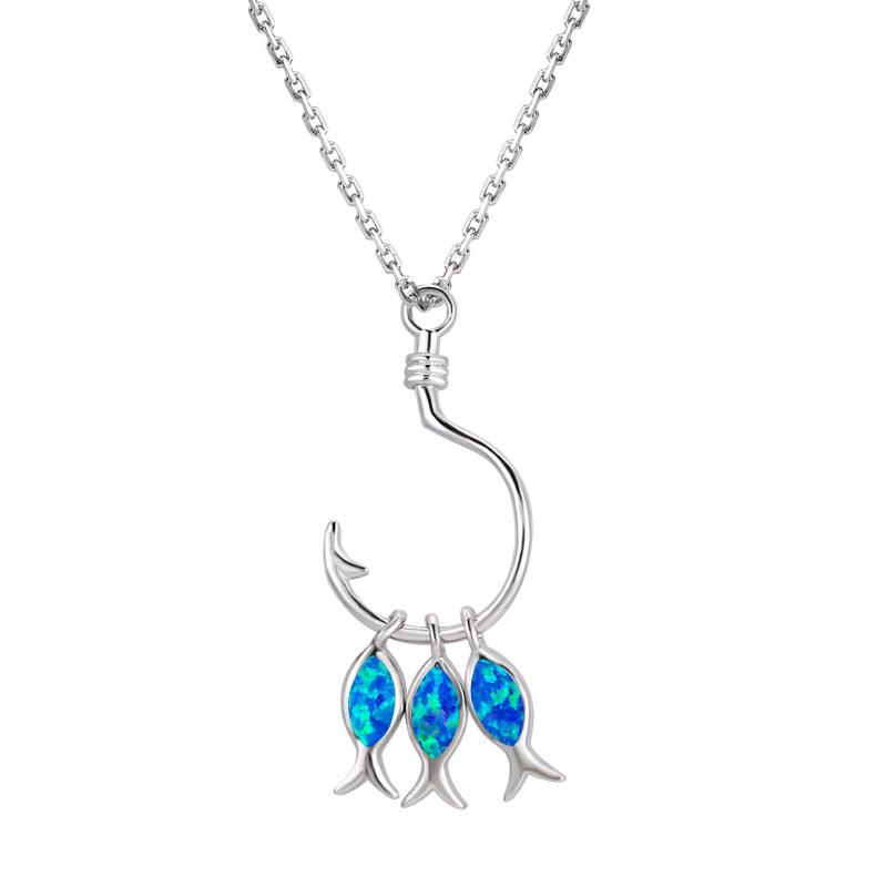 

Pendant Necklaces Blue Fire Opal Three Fish Hook Necklace For Gift, Silver