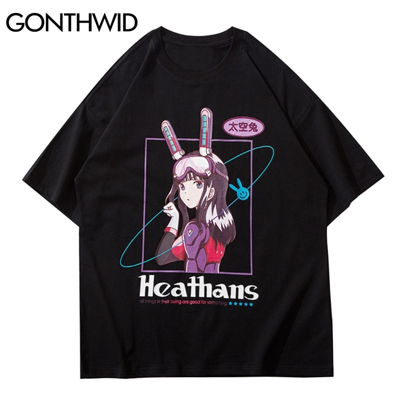 

Tshirts Streetwear Hip Hop Men Anime Cartoon Rabbit Girl Print Tees Cotton Casual Short Sleeve Harajuku T-Shirts Tops 210602, White