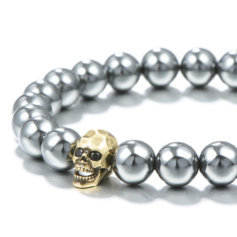 

Fashion Handmade Round Hematite Beads Bracelet Antique Gold Silver Color Skull Braclet For Men Cool Biker Jewelry Homme Beaded, Strands, Black