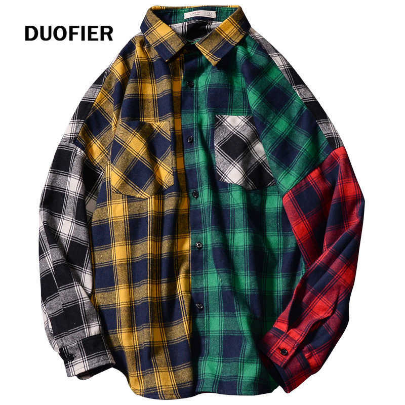 

Hip hop Streetwear Mens Patchwork Punk Casual Plaid Shirt Men Long Sleeve blouse High Quality Loose Spring Autumn 5XL 210603, Yc621