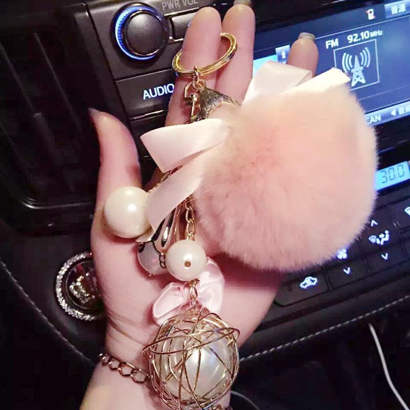 

Keychains Fashion Keychain Natural Rex Fur Fluffy Key Chains For Handbags Ring Trendy Women Bag Pendant Plush Car Ornament