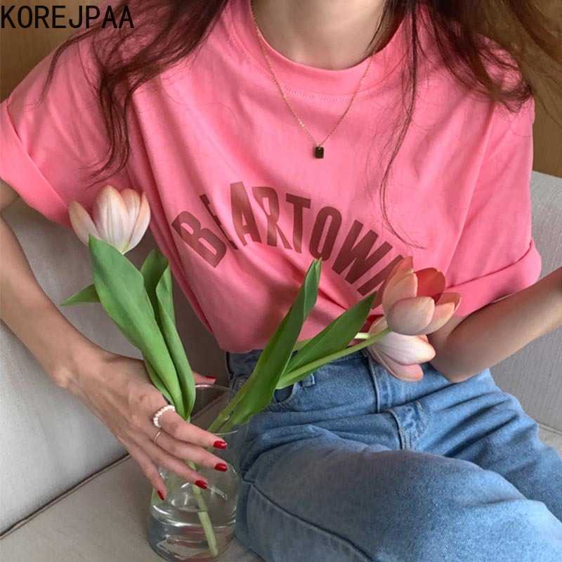 

Korejpaa Women T-shirt Summer Korean Fashion O-Neck Pullover Letter Printing Loose Casual Versatile Short Sleeve Tee Top 210526, Pink t