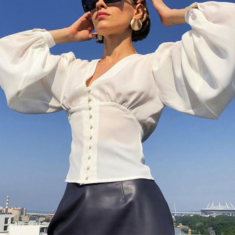 

Women's Blouses & Shirts Ladies Satin Shirt V-Neck Lantern-Sleeves Single-Breasted Perspective Cardigan 2021 Fashion Sexy Chic Slim Top, White