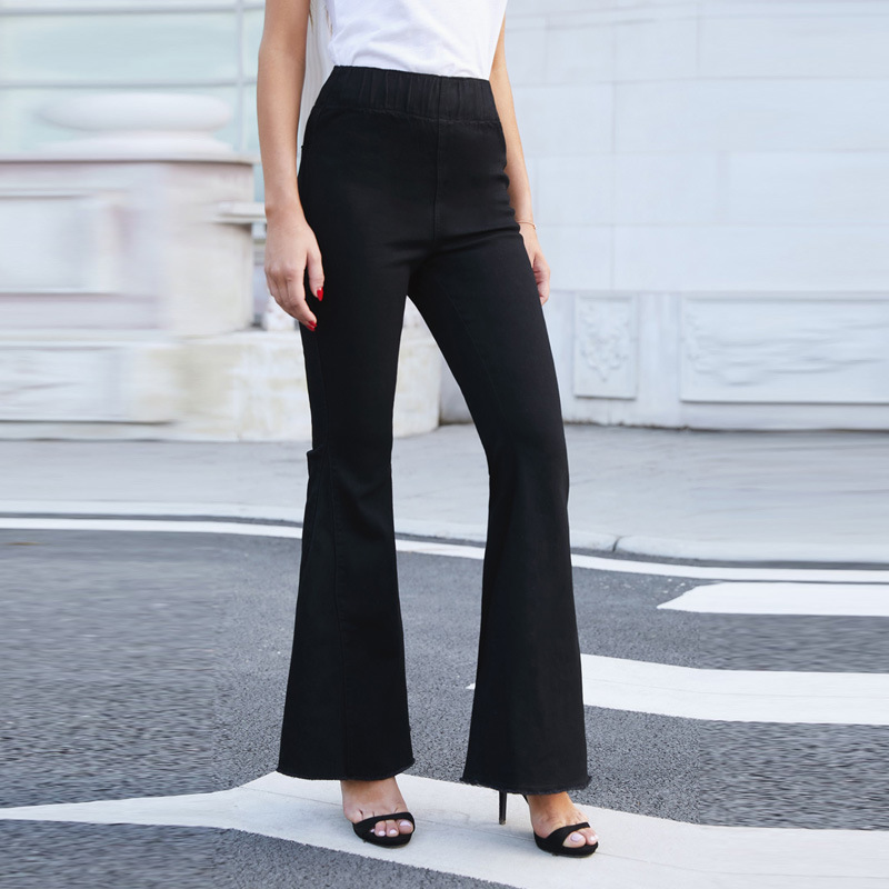 

high waist jeans autumn and winter solid color horn pants ladies large size wide halaster, Blue