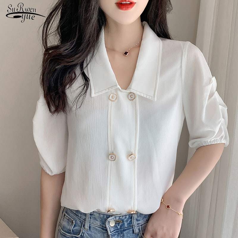 

Summer Solid Color Puffed Sleeves Short Sleeve Chiffon Blouse White Tops Simple Elegant OL Chemisier Femme 10290 210521