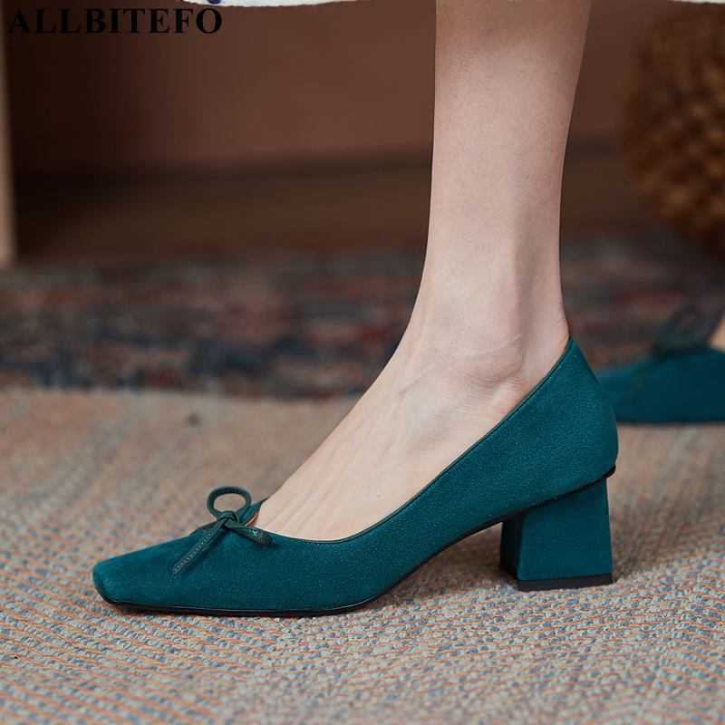 

ALLBITEFO size 34-43 bow design soft sheepskin genuine leather women heels shoes square toe fashion high heel shoes high heels 210611, As picture