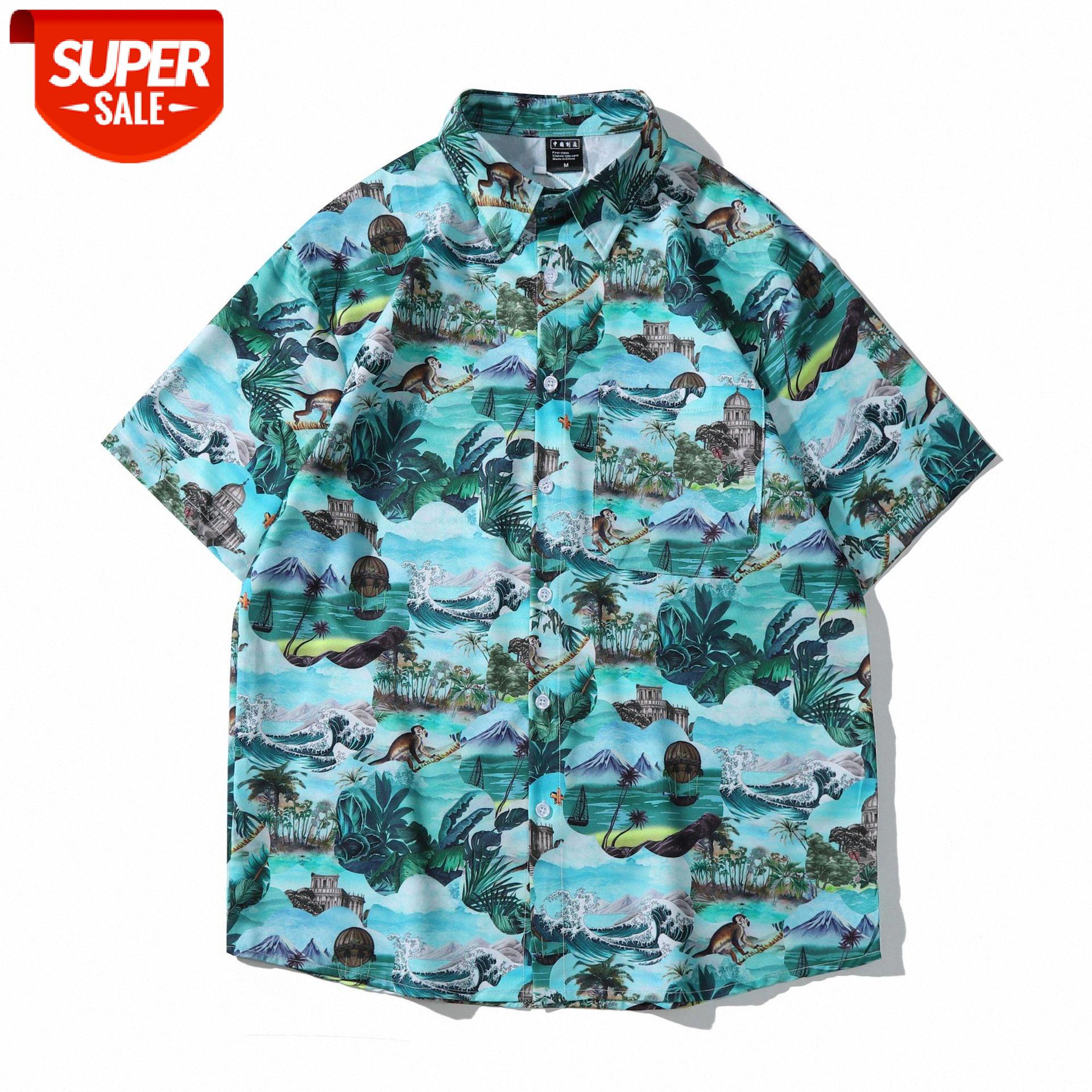 

Wei Yi short-sleeved floral shirt men's loose port style retro flow outside couple casual half-sleeved #Ig0X, White;black