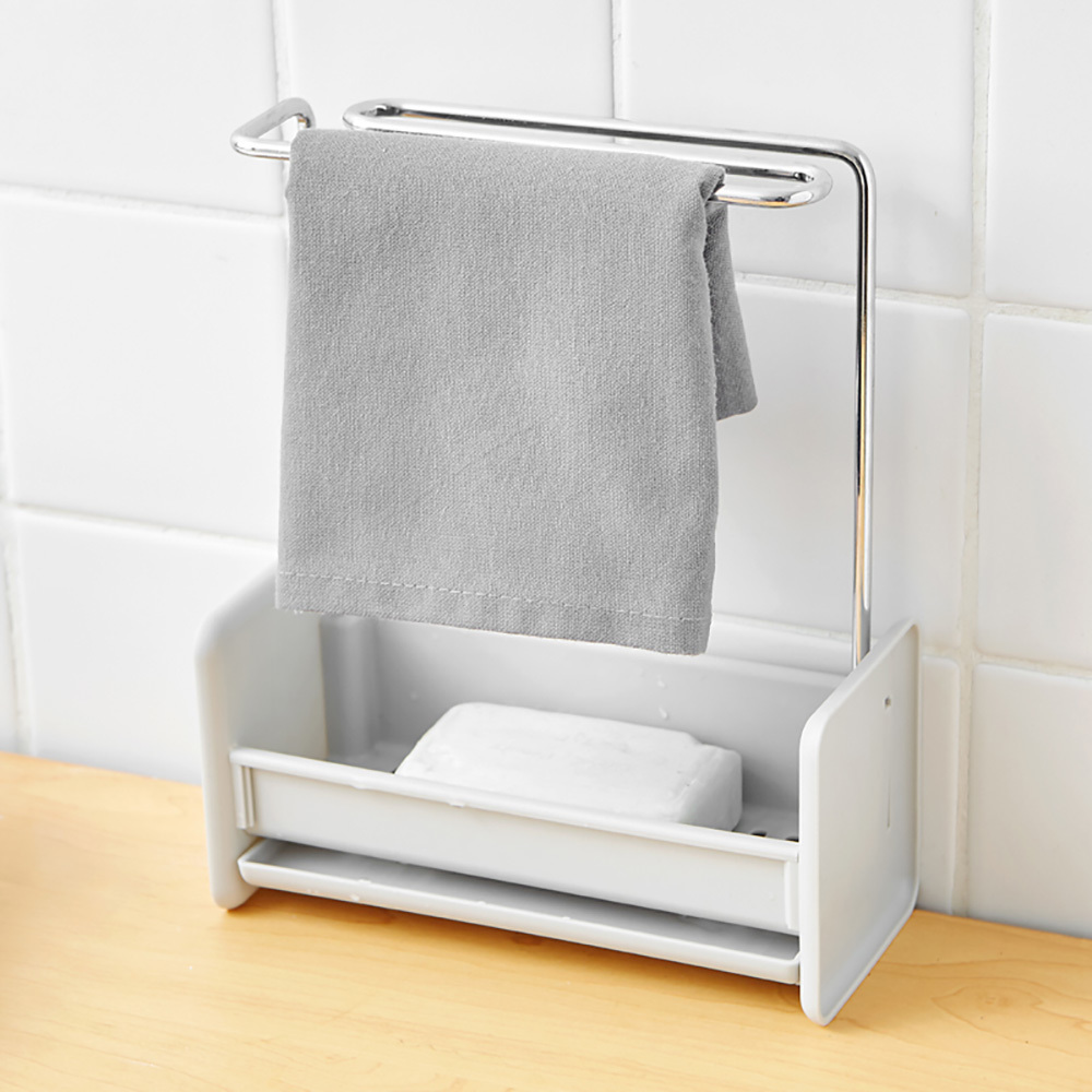 Kitchen Sponge Storage Rack Sink Cleaning Brush Soap Organizer Rack Towel Bar Drain Tray Towel Hanging Drying Holder-image-689797679
