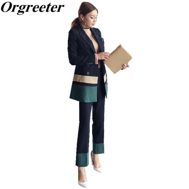 

Orgreeter 2 Piece Set Runway Fashion Korean Autumn Blue Patchwork Suit Formal Jacket Coat + Office Full Length Pant 210525, Picture color