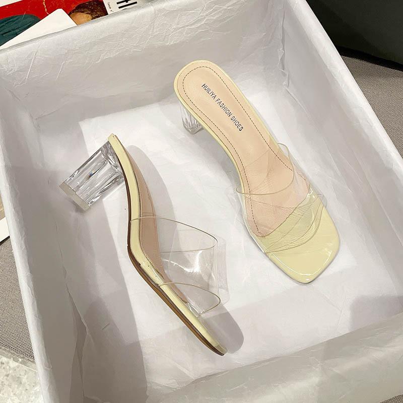 

Sandals Transparent Heel Women Slippers Summer Thick 8cm High Square Head Dress Shoes Zapatillas Mujer, White