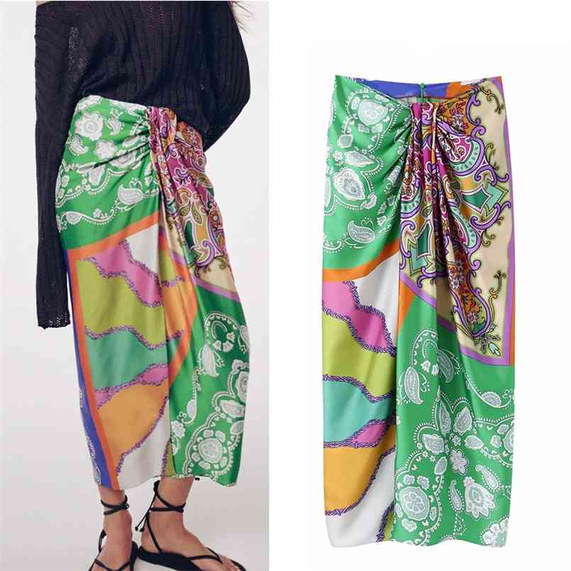 

TRAF Za Skirt Patchwork Elegant Long Women Fashion Knot Pleated Vintage Slit High Waist Midi Summer Woman s 210708, Shorts