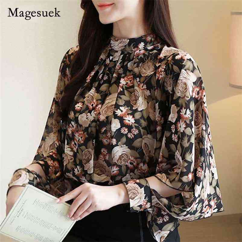 

Elegant Fashion Long Sleeve Shirt Women Tops Vintage Blouse Floral Print Blouses Stand Collar Bat Female Blusa 8281 210518, Flower