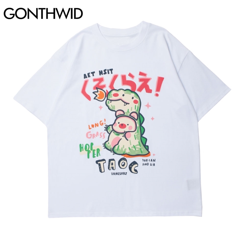 

Tees Shirts Japanes Style Cartoon Dinosaur Bear Short Sleeve Tshirts Streetwear Harajuku Hip Hop Fashion Cotton Tops 210602, White