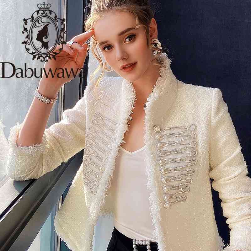 

Dabuwawa Elegant Women Pearl Button Tweed Jacket Coat Long Sleeve Vintage Female Solid Outwear Coat Stand Collar DO1ASO004 210520, White