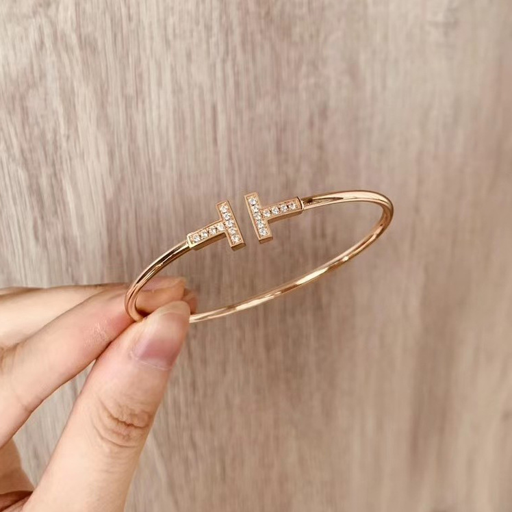 

Diamond inlaid double T Bracelet opening women's bangle net red coil 18k rose gold niche design