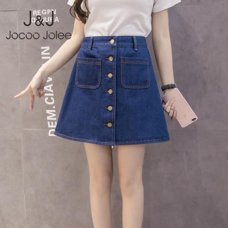 

Jocoo Jolee Summer Denim Skirt Women Korean A-line Jeans Skirt High Waist Button Pockets Harajuku Mini Skirt High Quality 210518, Black