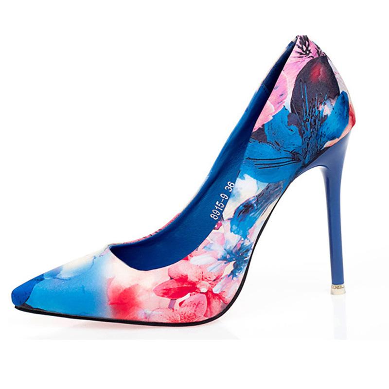 

Dress Shoes Blue Pink Ethnic Style Retro Flowers Floral Pointed Women Pump 10 Cm High Heels Shoe Ladies Sexy Weeding Party