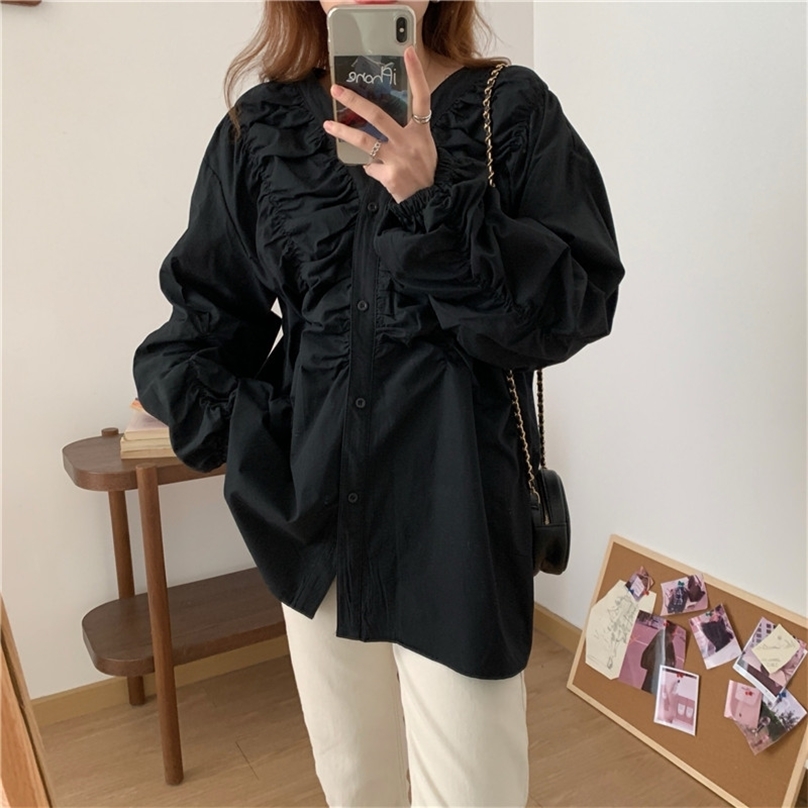 

Loose Pleated Chic High Quality Elegance V-Neck Casual Lady Brief Blouses Autumn Fashion Streetwear Shirts 210525, White