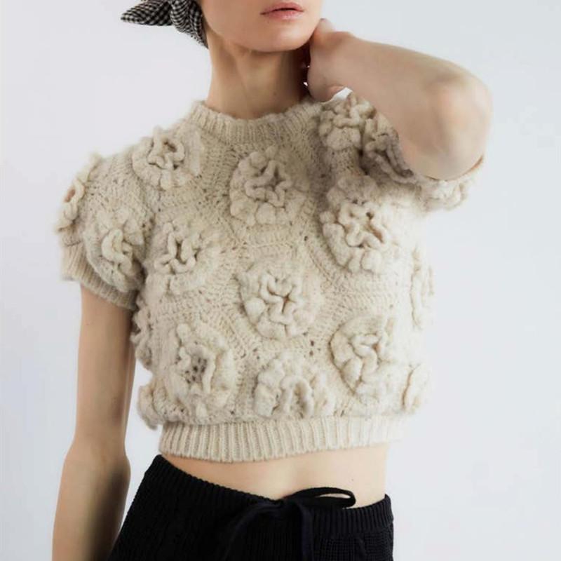 

Women's Sweaters Women Flowers Crocheted Knit Short Sweater 2022 Early Spring Ladies Short-Sleeved O-Neck Hollow Out Pullover Tops, White;black