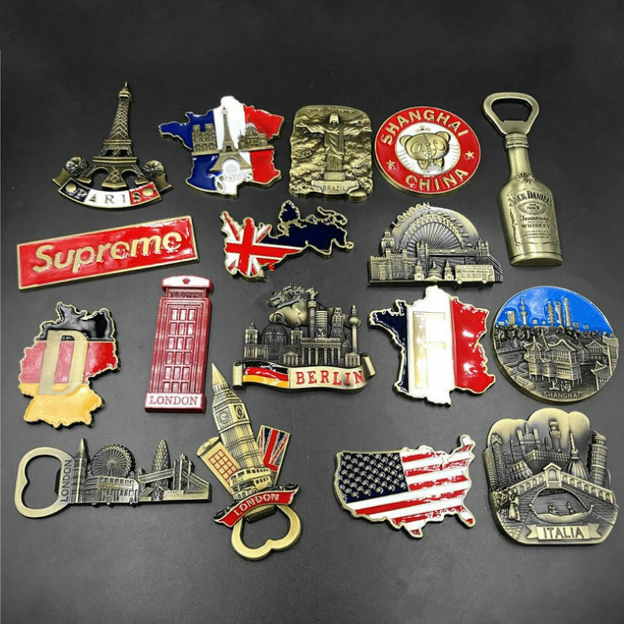 

Travel Souvenir Fridge Magnets Metal Refrigerator Sticker Bottle Opener France Germany USA Brazil Italy Shanghai Creative Gift