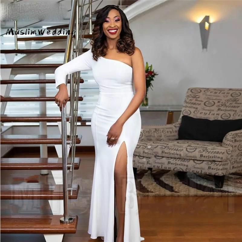

Party Dresses Simple One Shoulder White Evening Dress Long Sleeve Side Slit Mermaid Prom 2021 Elegant Formal African, Black