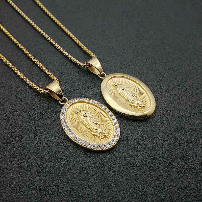 

Pendant Necklaces Hip Hop Iced Out Christian Virgin Mary Gold Color Stainless Steel Chains For Men Women Jewelry Drop, Silver