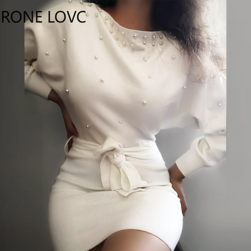 

Women Long Sleeve Solid Beaded Batwing Sleeve Knit Dress Elegant Fashion Party Dress, White