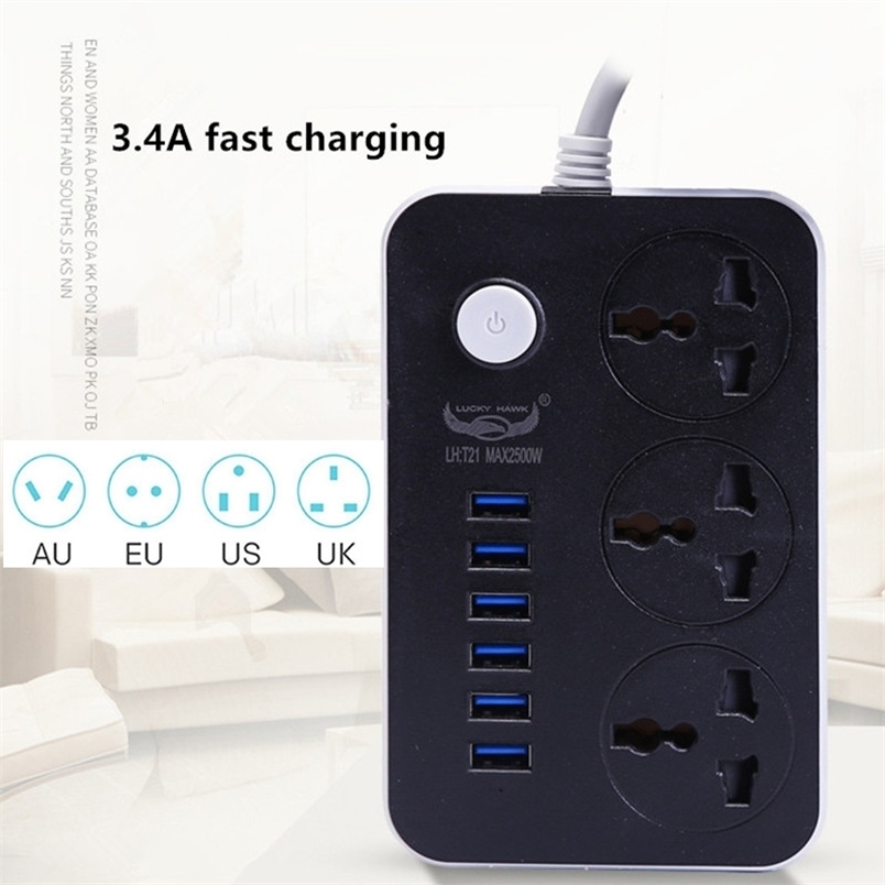 

EU Plug Power Strip 3.4A Fast Charging 6 USB Extension Socket Switch Universal Outlets 3 Adapter Network filter for Phones 211007