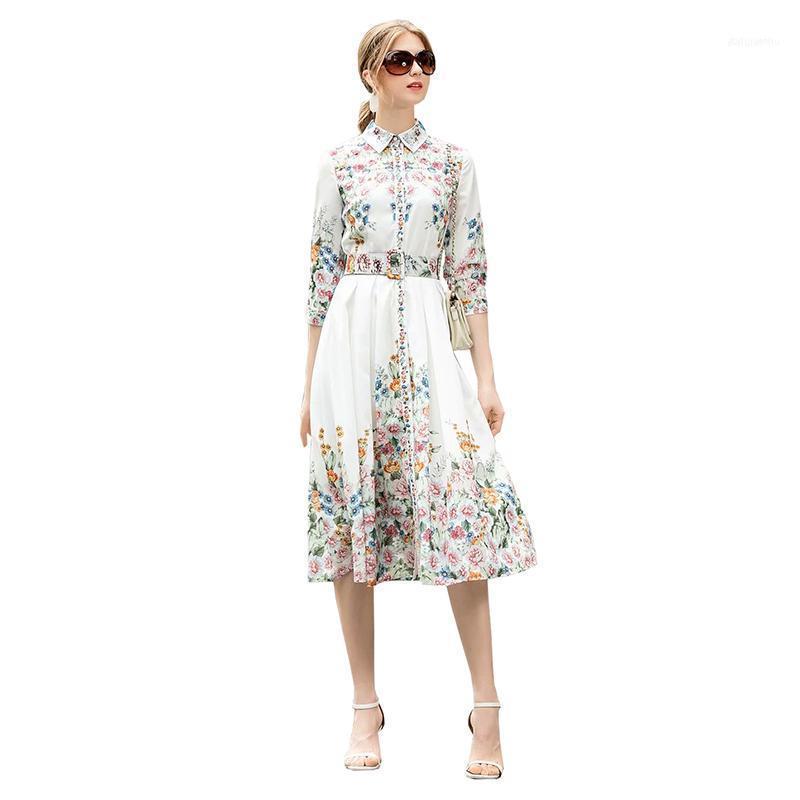 

Casual Dresses 2021 Women Summer Plus Size Womens Clothing Blooming Floral Elegant Day Dress Turn-down Collar 3/4 Sleeve A Line Dress1, White