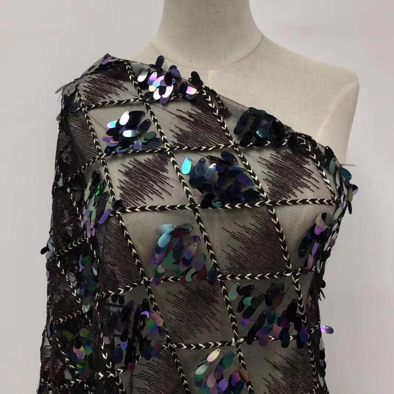 

Ribbon (5yards/pc) Amazing Hanging Sequins Embroidered Net Lace Shining Africa French Fabric For Charming Party Dress FJY245