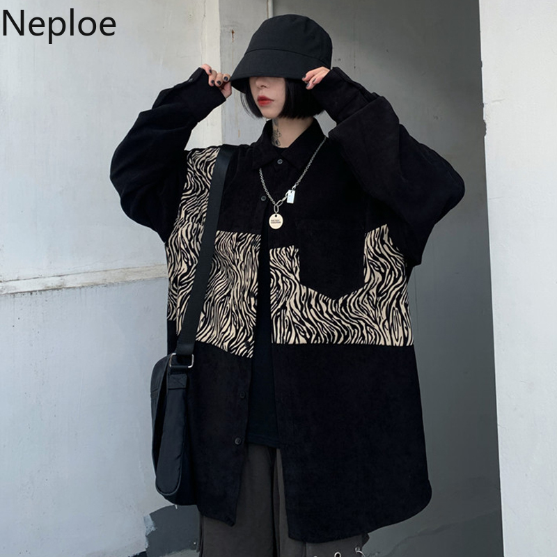 Neploe Corduroy Shirts Coat Women Vintage Patchwork Contrast Color Blouses Oversized BF Streetwear Korean Fashion Blouse 4H074 210422