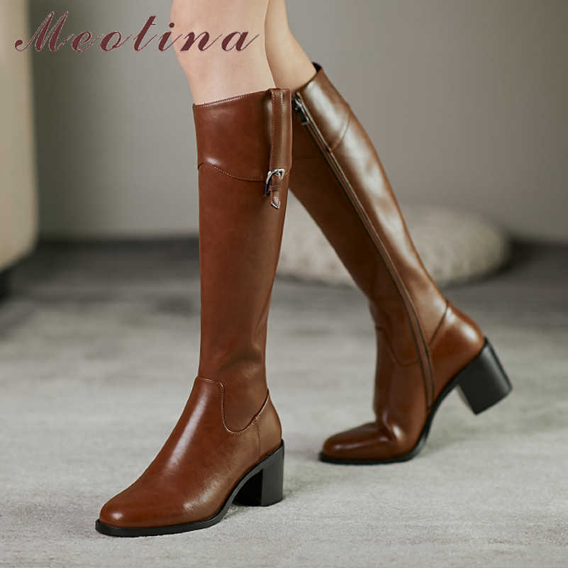 

Meotina Western Boots Woman High Heel Knee High Boots Thick Heel Long Boots Zip Buckle Ladies Shoes Autumn Winter Brown Size 40 210608, Brown velvet lining