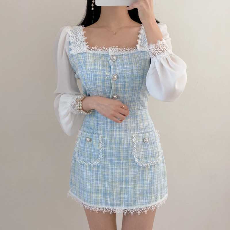 

Korea Spring Fashion Temperament Sweet Chiffon Patchwork Tweed Elegant Square Collar Top + High Waist Mini Skirt Suit 210526, Photo color
