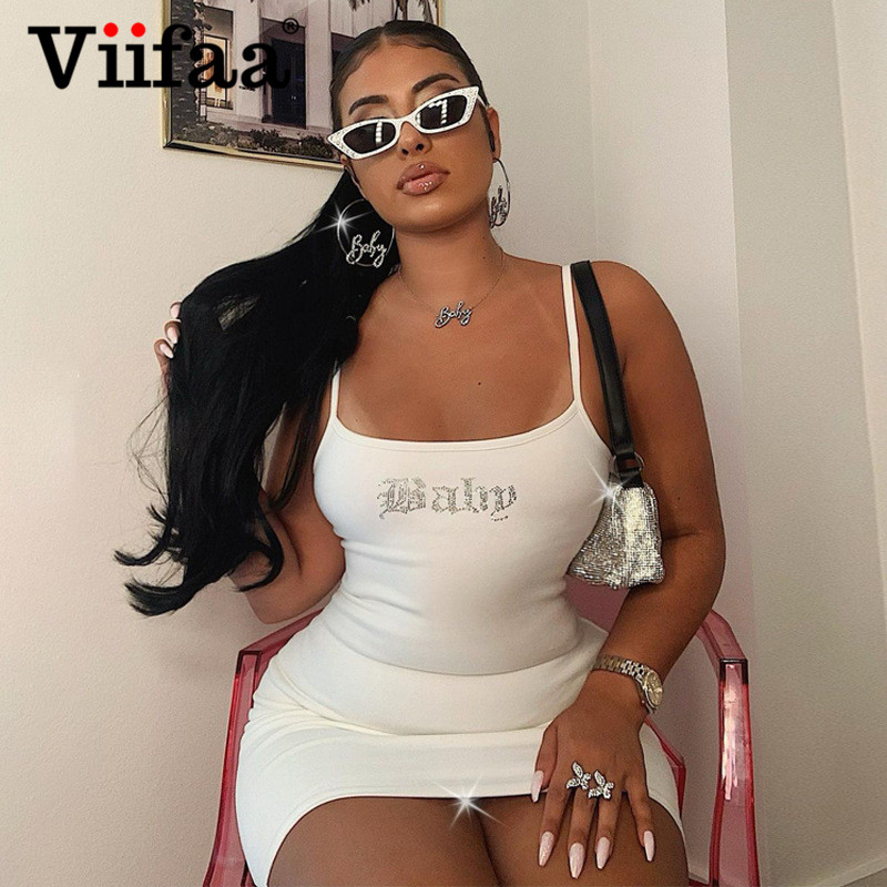 

viifaa letter front spaghetti strap summer bodycon party mini dress 2021 women sleeveless clubwear slim dresseshigh quality, Black;gray