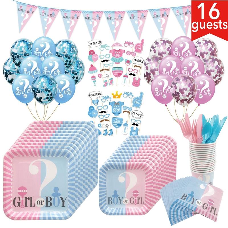 

Party Decoration Gender Reveal Deco Supplies Disposable Tableware Set Pink/blue Boy Or Girl Paper Plates Cups For DIY Baby Shower Adornment