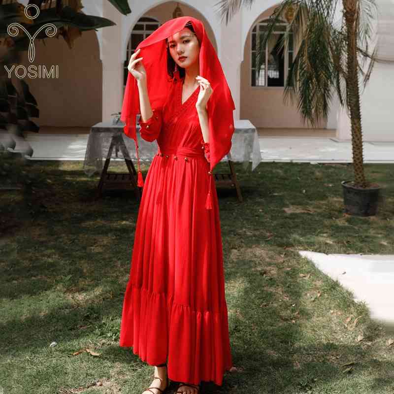 

YOSIMI Summer Maxi Vintage Long Women Dress Red Chiffon V-Neck Sleeve Tassel Lace Female Vestidos Party Dresses Ladies 210604, Only dress