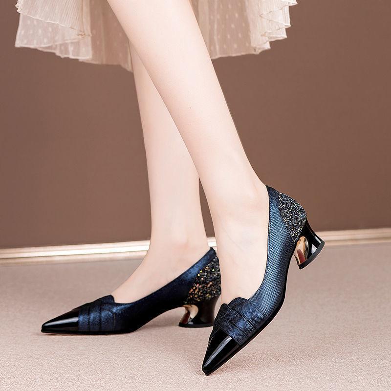 

Dress Shoes Women Classic Navy Blue & Black Pointed Toe Square Heel Zapatos Mujer Lady Wine Red Pu Leather Slip On E9266