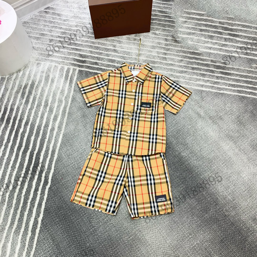 

2022ss fashion boys summer shirts set designer Children's Khaki Plaid Shirt + Casual Shorts Set brand stripe bear printing short Brother and sister costume, 13