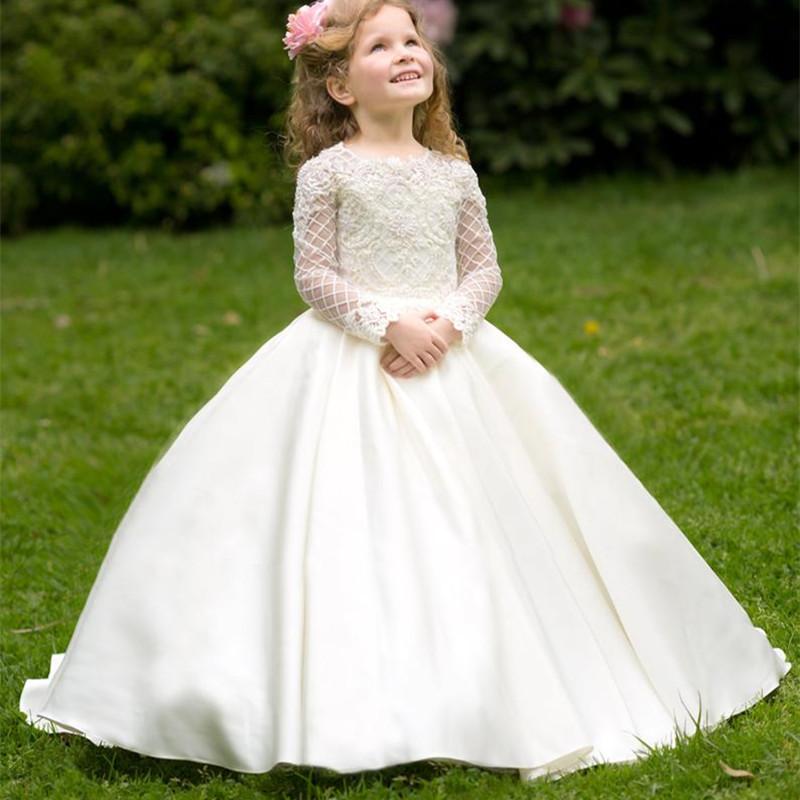 

Girl's Dresses Princess Flower Girls Ivory Satin For Weddings Party Gowns Ball Gown Long Sleeve O Neck Holy Communion Dress Kids, Green