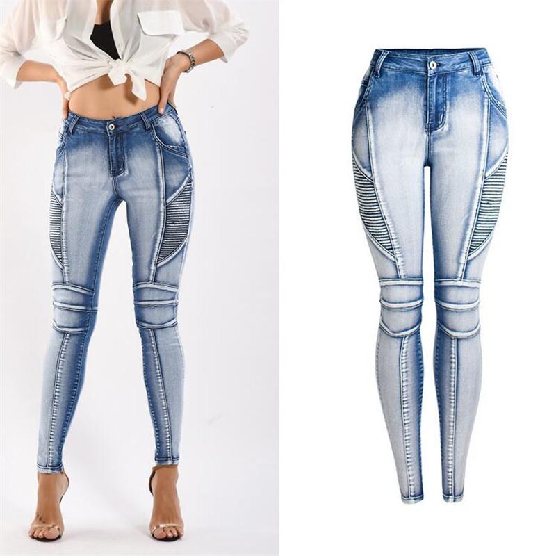

European American Locomotive Stretch Fashion Jeans Women Plus Size Middle Waist Splice Leggings Skinny Slim Pencil Pants Women, Light blue
