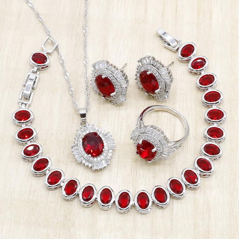 

Wedding Jewelry Sets Oval Red Crystal Silver For Women Bracelet Necklace Pendant Earrings Ring Birthday, Slivery;golden