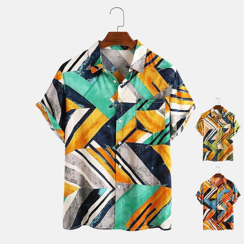 

Summer Geometric Color Block Contrast Beach Casual Men Shirt Short-sleeve Blouses Top Men's Shirts